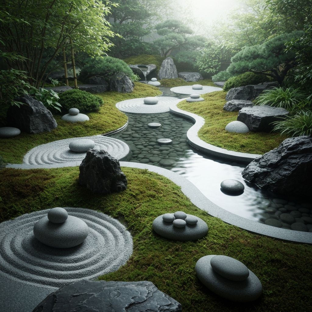 Peaceful zen garden with meditation cushions for beginners